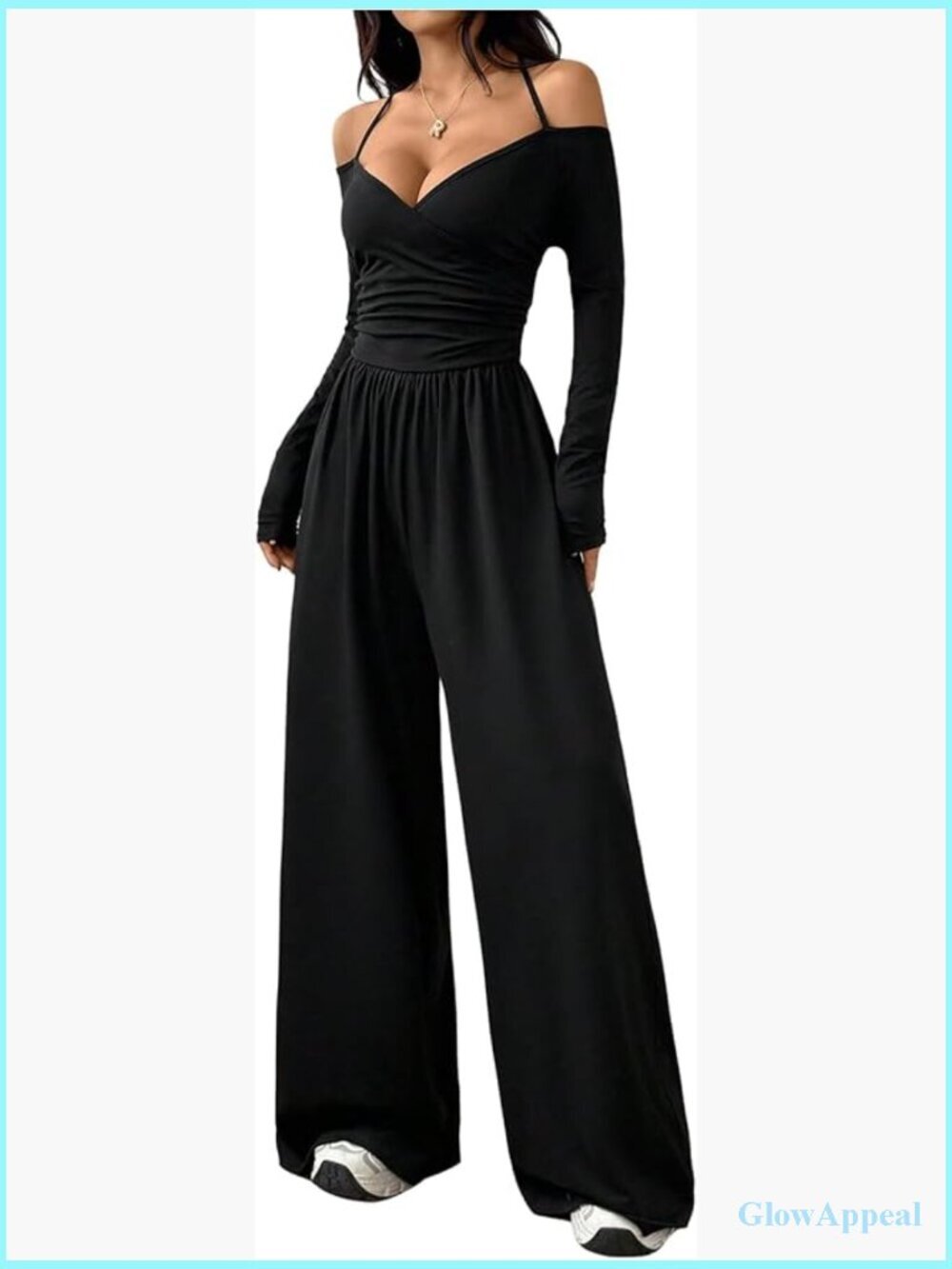 Long Sleeve Wide Leg Halter Jumpsuit with Ruched Baggy Pants Romper